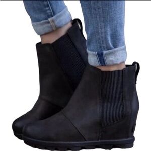 Sorel Joan Of Arctic Wedge II Chelsea Black Leather Booties Platform 10 NL3022
